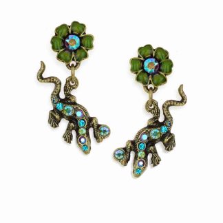 Sparkling Leap Of Faith Lizard And Green Enamel Flower Earrings Designed By La Contessa