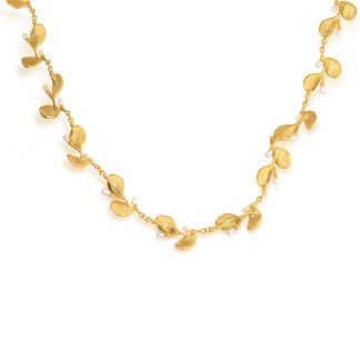 Golden Irish Thorn And Intricate Leaves Necklace With Pearls Created By Silver Seasons